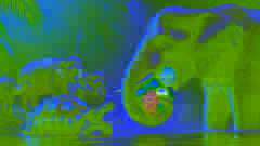 Der Elefant beißt in eine große Frucht, während die Schildkröte sorgfältig die kleinere untersucht. Die Dschungeltiere beobachten neugierig.