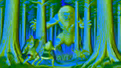 Gilgamesh y Enkidu enfrentándose al demonio Humbaba en el Bosque de Cedros. El bosque es denso, con imponentes árboles de cedro, y Humbaba es representado como una criatura temible.