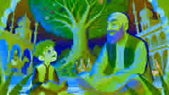 Hasan Kachal, bald and determined, sitting with a young boy under the shade of the magical tree.