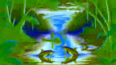 Ein Fischer wirft bei Dämmerung sein Netz in den Juruá-Fluss, während in der Nähe rosa Flussdelfine in friedlicher Harmonie schwimmen.