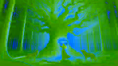 A young woman places a glowing crown on her head beneath a massive oak tree, surrounded by watching wolves.