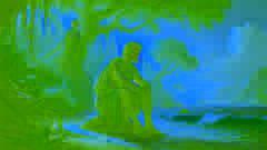 Odysseus gazes out at the sea from the shore of Ogygia, while Calypso stands behind him, sorrowful but resigned.