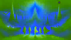 The adventurers walk away from the Temple of Eternity, with Serene holding the glowing Lorian Crystal, partly glowing herself.