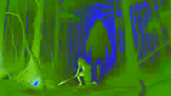 Walu kniet vor dem beeindruckenden Yowie und bietet ihm seinen Speer in einem Akt der Kapitulation an, umgeben von einem schattigen, australischen Wald bei Dämmerlicht.