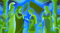 Paris, the Trojan prince, stands before the goddesses Hera, Athena, and Aphrodite as they present their offers.
