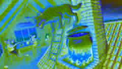 El lobo bajando por la chimenea hacia una olla hirviendo.