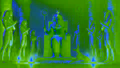Osiris sentado en su trono en el inframundo, flanqueado por Anubis y Thoth, preparado para pesar el corazón de un alma.