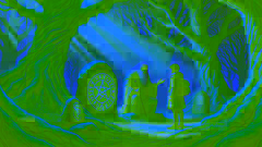 Eamon listens to a wise hermit in a forest clearing, who points to a glowing rune-carved stone as sunlight filters through the trees.