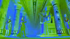 Anubis y Osiris juntos en la Sala de las Dos Verdades, vigilando a las almas que están siendo juzgadas para la vida después de la muerte.