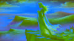 Deirdre se encontraba en la cima de un acantilado rocoso al amanecer, con su vestido y su cabello ondeando, iluminados por los tonos dorados del sol naciente.