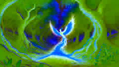 The Phoenix reborn from glowing ashes in a dark grove, its radiant wings emerging amidst ancient olive trees.