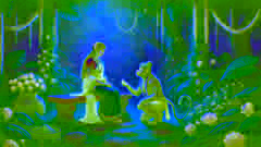 Hanuman se acerca a Sita en el jardín de Ashoka Vatika, rodeado de flores y vegetación.