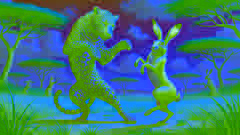 El leopardo lucha por bailar mientras la liebre gira con gracia, mostrando su agilidad.