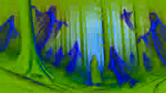 Figuras fantasmales emergen de un bosque místico mientras Leona observa con asombro, rodeada de un halo inquietante al atardecer.