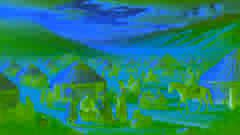 Una próspera aldea kirguisa durante el reinado de Manas, donde Manas interactúa con los aldeanos, mientras su hijo Semetey se encuentra cerca.