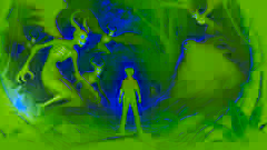 Mateo enfrenta valientemente a los oscuros espíritus en el bosque, mientras el Duende observa desde la distancia.