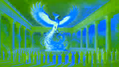 The Phoenix perched on a Greek altar surrounded by mortals, glowing brilliantly under a golden dusk sky.