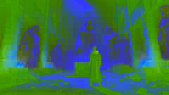 Alaric se retrouve face à des moines fantomatiques gardant la Clé d'Aethon dans un sombre temple de montagne en ruines.