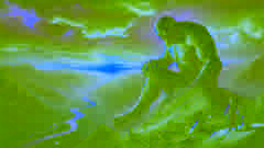 Borzandar, the giant, kneeling on a mountain at sunset as villagers watch, merging with the terrain in his final moments.