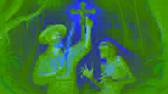 An old hermit holding a crucifix high, causing the Cegua to recoil in pain in the dense forest.