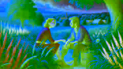 Winston and Julia meeting secretly in a lush, green countryside, away from the city.