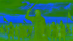 Alpamysh reúne a sus guerreros, levantando su espada en alto mientras se preparan para la batalla contra el ejército que se acerca de Taychihan.