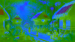 Ein friedliches modernes Shuar-Dorf, das eine harmonische Verbindung aus traditioneller Kultur und moderner Technologie aufweist, eingebettet im Amazonas-Regenwald.