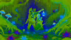 Kotlboke und Elise erkunden einen leuchtenden Sumpf, der von märchenhaften Leuchtkäfern beleuchtet wird. Umgeben von verdrehten Bäumen und biolumineszenten Pflanzen bewegen sie sich vorsichtig durch diese magische Landschaft.