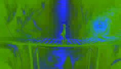 Ema crossing a precarious wooden bridge at night over a chasm, guided by the glow of her pendant.