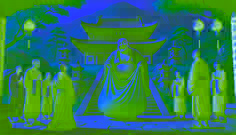 Budai llegó a un templo en la montaña, dejando su bolsa de tela en el suelo mientras los monjes lo observaban con curiosidad.