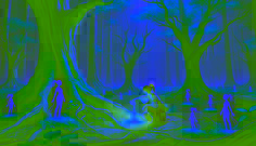 Ema kneeling in a blackened grove, pouring a glowing potion as spirits and trees regain life and vibrancy.