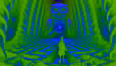Ema in a glowing labyrinth stands before a wise owl on a pedestal as it presents a shard of light.