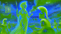 Atenea aconseja a Odiseo durante la Guerra de Troya, en medio de un campo de batalla repleto de barcos griegos y humo en el fondo.