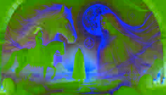 Les esprits de Bahram et Soraya apparaissent à Arash dans une vision lumineuse, avec le cheval de pierre en arrière-plan, baigné par la lumière de la lune.