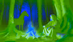 Un ancien gardien et un jeune errant assis près d'un feu de camp dans la forêt, avec un cheval de pierre à peine visible dans la brume.