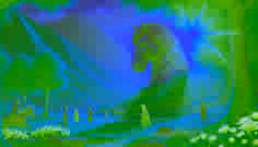 Des enfants jouent près du cheval de pierre dans une clairière baignée de lumière, entourée d’une verdure luxuriante et d'une nature vibrante dans les Montagnes Zagros.