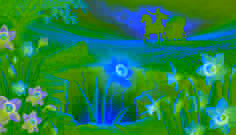 Perséphone tend la main vers une fleur luminescente alors que la terre s'ouvre, révélant Hadès dans son char.