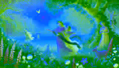 Perséphone pénètre dans une prairie ensoleillée, des fleurs s'épanouissant sous ses pieds, tandis que Déméter l'accueille avec une joyeuse étreinte.