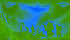 Adventurers exiting the mountains at dawn, carrying a scroll as sunlight bathes the peaks in golden light.