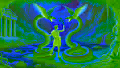 Hermes separando duas serpentes com um ramo de oliveira às margens do rio Alfeu, criando o icônico Caduceu.