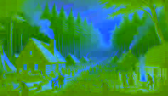 Eine Siedlung aus dem 17. Jahrhundert, umgeben von Wald, die das tägliche Leben in einer Kolonie der Neuen Welt zeigt.