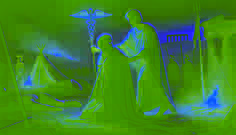 Hermes guiando o Rei Príamo por um campo de batalha troiano sob o brilho do Caduceu, em meio às ruínas e tendas.
