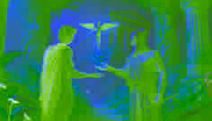 Hermes entregando a planta moly a Ulisses, com o palácio de Circe ao fundo, preparando-o para resistir à sua magia.