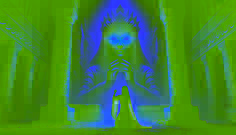 Laleh kneeling before the glowing statue of the Simurgh inside a grand abandoned temple with golden light.