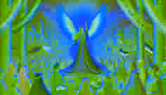 Laleh standing in her village wearing the Winged Crown, surrounded by villagers and vibrant Persian banners.