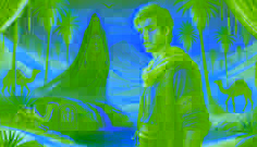 Idris and Zarah by a desert spring, surrounded by palm trees and ancient carvings, with a tense atmosphere.