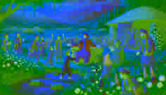 Die Dorfbewohner feiern in der Nähe des zauberhaften Quellen mit Shah Bobo, umgeben von Kindern und älteren Menschen in einem blühenden afghanischen Dorf.