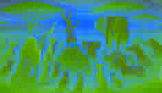 Kalulu addresses a gathering of animals on the savanna as the sun sets, creating a scene of harmony and unity.