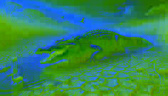 The mighty Crocodile emerging from the shrinking Zambezi River, his emerald scales glinting under a hazy sky.