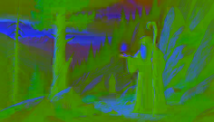Timur meeting an old man on a mountain path, holding a shimmering vial under a twilight sky surrounded by pine trees.